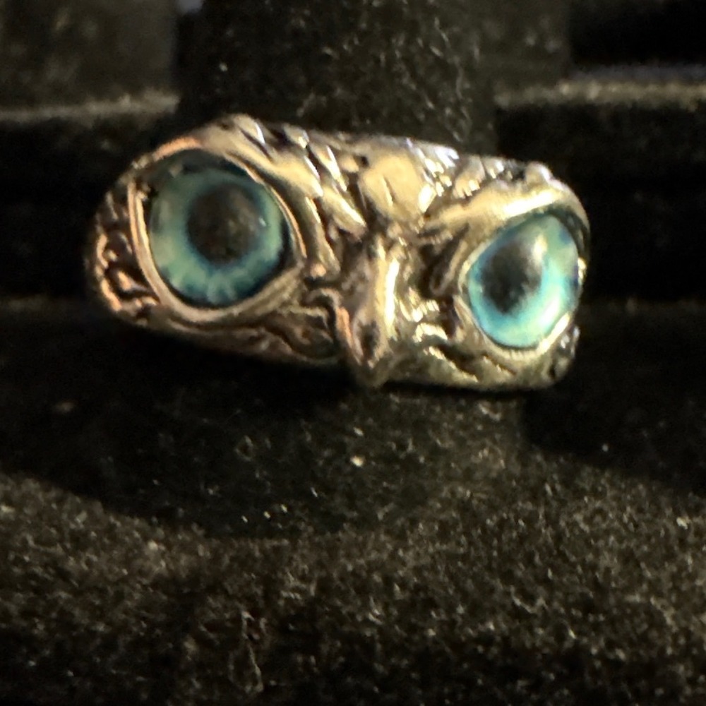 Vintage Owl Ring Blue Eyes Antique Silver Tone Gothic Biker Mens